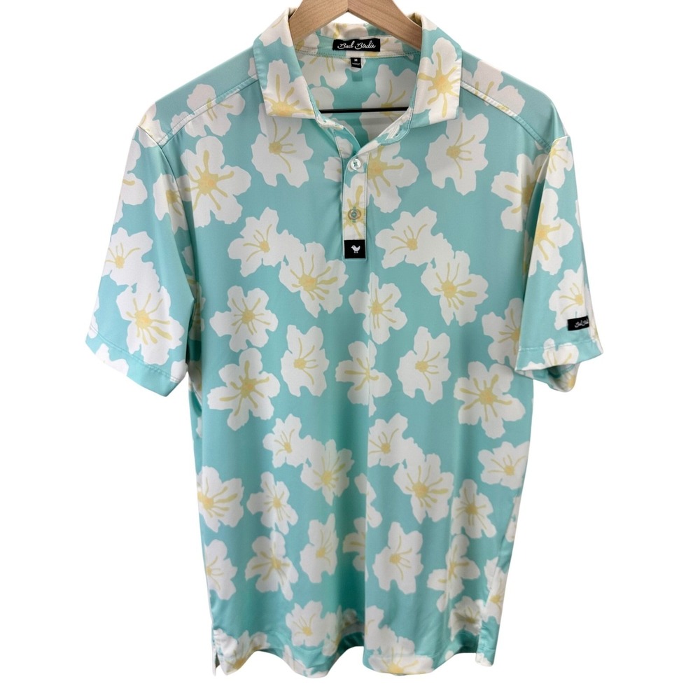 Bad Birdie Golf Polo Shirt Mens Size Medium Floral Aqua Short Sleeve Active